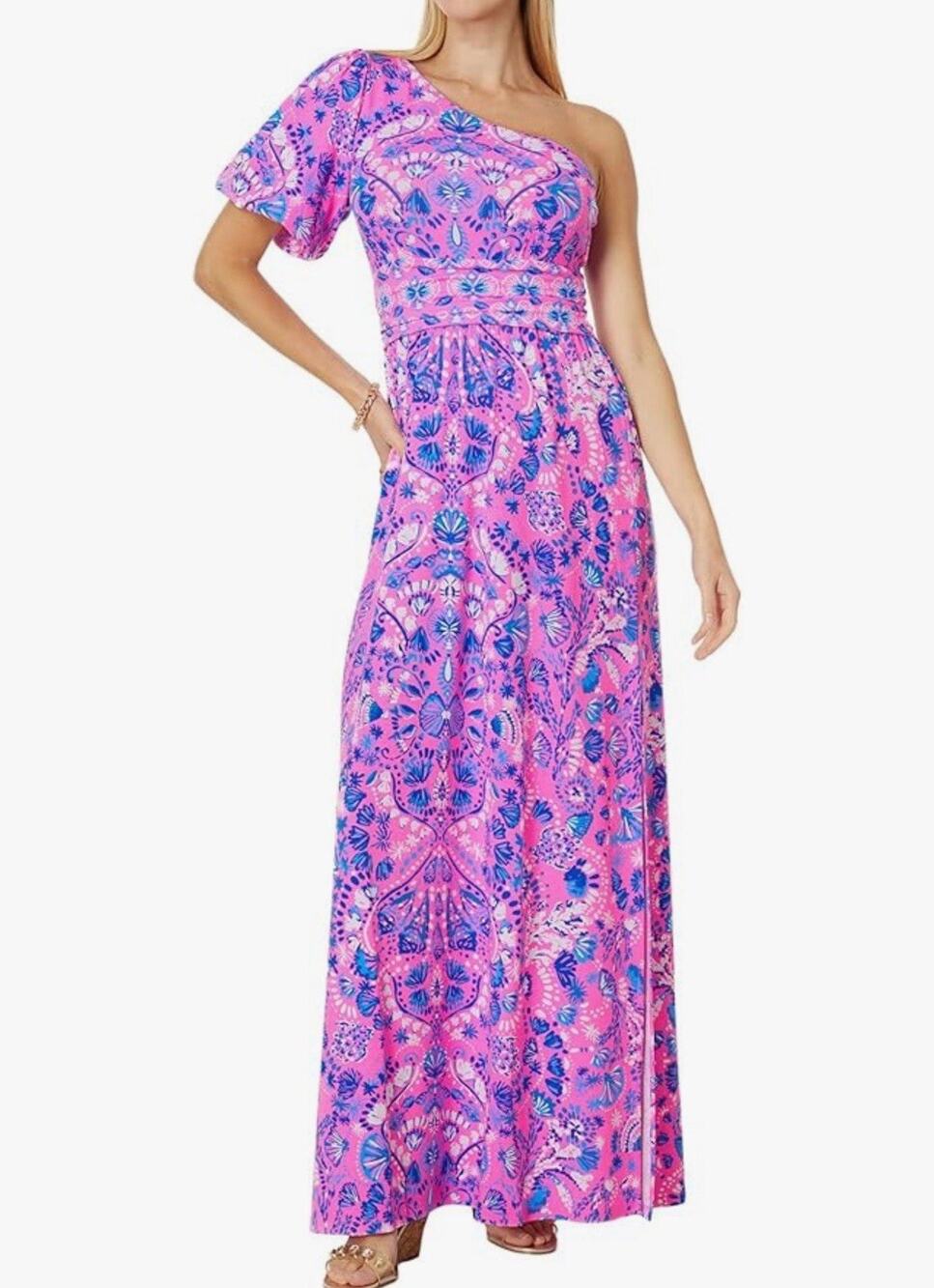Lilly Pulitzer Solana One-Shoulder Maxi Dress Havana PINK Turtle Tidepool NWT Lg
